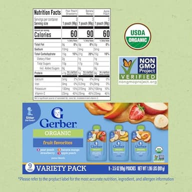 Gerber Stage 2 Baby Food, Organic Fruit Favorites Puree Pouches Variety Pack, No Added Sweetener, Baby Food Pouches, 9-Pack - Image 2