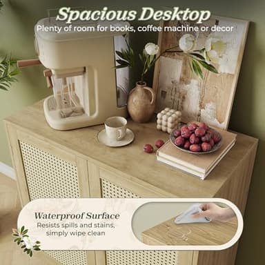 Huuger Buffet Cabinet with Storage, Storage Cabinet with PE Rattan Decor Doors, Accent Sideboard Buffet with Solid Wood Feet, for Hallway, Entry, Living Room, Natural - Image 7