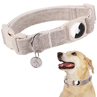 DOGWONG Airtag Cotton Hemp Dog Collar, Heavy-Duty Dog Collar with Airtag Holder Beige Natural Fabric Pet Cute Puppy Necklace for Small Medium Large Dogs