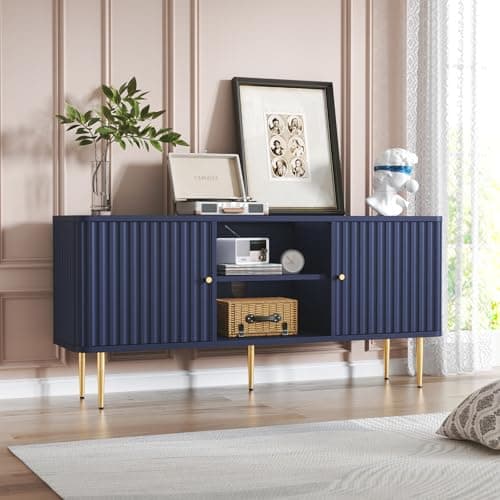 ARTPOWER 55” Fluted TV Stand, Mid Century Modern Blue TV Stand for 55/60/65 inch TV, Entertainment Center with Storage, Television Stands, TV Console, Media Console for Living Room, Bedroom (Blue) - Image 1