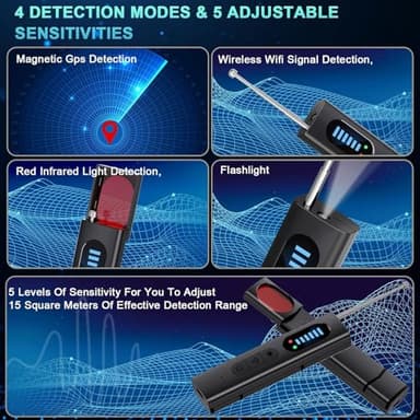 QEBAJI Hidden Camera Detectors, Spy Camera Finder, Portable Hidden Bug and Camera Detector, 5 Levels Sensitivity 6 Modes, Wireless Rechargeable for Home, Car, Hotel, Travel, 1 Pack, Full - Image 6