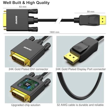 BENFEI 5 Pack DisplayPort to DVI 6 Feet Cable, Uni-Directional DisplayPort Computer to DVI-D Monitor Adapter 1080P@60Hz Male to Male Gold-Plated Cord Cable for Lenovo, Dell, HP and Other Brand - Image 6