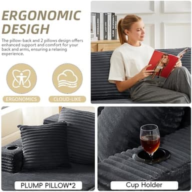 134 Inch Cloud Sectional Couch for Living Room,Corduroy Boneless Couches with Cup Holder,Modern Modular Sectional Sofa with Deep Seat,No Assembly Required (Dark Gray, U-Shaped Sofa) - Image 4