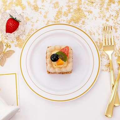 I00000 144 Small Plastic Dessert Plates Set Include 72 Pcs Gold Dessert Plates 7.5" with 72 Pcs Forks 7.5",Disposable Cake Plate,Fancy White Gold Plastic Small Plates for Party - Image 2