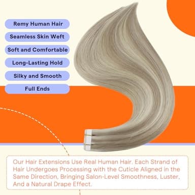 Full Shine Human Hair Tape in Extensions 22Inch Double Sided Tape in Extensions Human Hair Color 18 Ash Blonde Highlight 613 Light Blonde 50G Hair Extensions Tape Ins Real Hair Extensions 20Pcs - Image 2