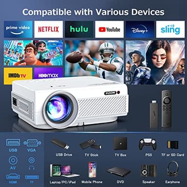Projector with WiFi and Bluetooth, FUDONI 5G WiFi Native 1080P Outdoor Projector 15000L Support 4K, Portable Movie Projector with Screen and Max 300", for iOS/Android/Laptop/TV Stick/HDMI/USB/VGA/TF - Image 6