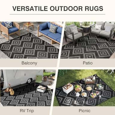 Outdoor Plastic Straw Rug - 5x8 ft Waterproof Patio Rug Clearance, Reversible Outdoor Carpet for RV, Camping, Deck, Balcony, Porch, Picnic, Backyard (Black & Grey) - Image 5