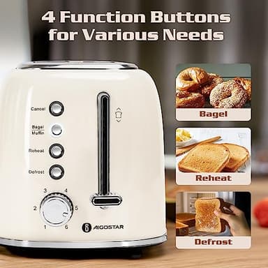 Aigostar Toaster 2 Slice, Retro Extra-Wide Slot Toasters Best Rated Prime for Toasting Bagels, Breads, Waffles & More, Cancel, Defrost & 6 Browning, Removable Crumb Tray, Stainless Steel, Cream White - Image 2