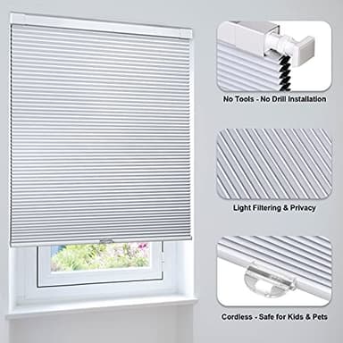 LazBlinds Cordless Cellular Shades, No Tools No Drill Blackout Honeycomb Shades Pleated Blinds for Windows, 26" W x 64" H, Silver White - Image 4