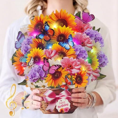 MZD8391 Birthday Cards with MUSIC & LIGHTS, Pop Up Happy Birthday Card, Sunflower & Butterfly, 10 Inch Life Sized Forever Flower Bouquet Gifts for Women Mom Grandma - Image 1