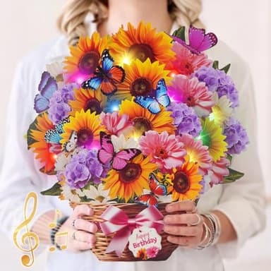 MZD8391 Birthday Cards with MUSIC & LIGHTS, Pop Up Happy Birthday Card, Sunflower & Butterfly, 10 Inch Life Sized Forever Flower Bouquet Gifts for Women Mom Grandma - Image 1