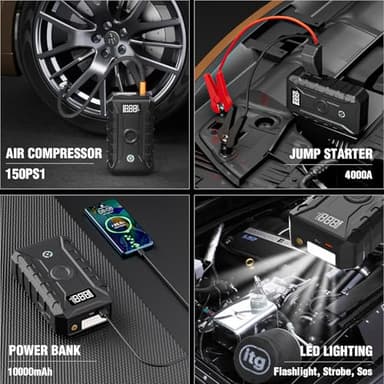 Portable Car Jump Starter with Air Compressor, 150PSI 4000A Battery Jump Starter (8.0 Gas/6.0L Diesel), 12V Jump Box Car Battery Jumper Starter with Large LCD Display, Lights,Compass - Image 5