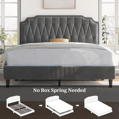 Yaheetech Queen Bed Frame Velvet Upholstered Platform Bed with Curved Headboard, Height-Adjustable Headboard/Noise-Free/Wooden Slats Support/No Box Spring Needed/Easy Assembly, Dark Gray Queen Bed - Image 9