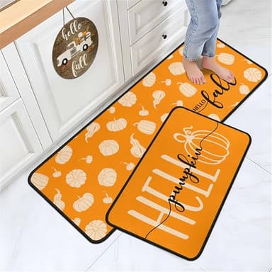 Orange Hello Pumpkin Fall Kitchen Rugs Set of 2, Autumn Harvest Pumpkin Thanksgiving Front Door Mat Floor Rug for Home Holiday Party Decor 17"x47"+17"x30" - Image 3