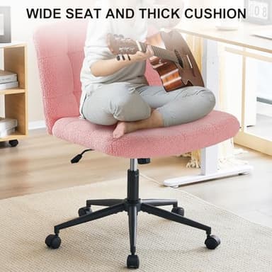 Furnimart Swivel Criss Cross Legged Chair with Wheels for Home Office, Wide Armless Desk Chair Height Adjustable Comfy Seat for Desk,Vanity, Bedroom, Faux Fur Pink - Image 4
