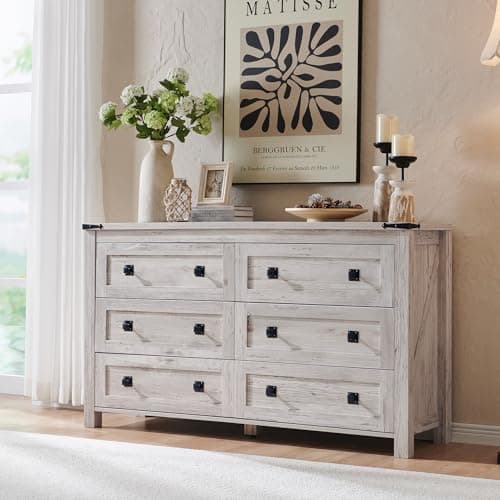 RedLemon Farmhouse 6 Drawer Dresser for Bedroom, 54 Inch Wide Rustic Wood Dresser TV Stand, Dresser Chest of Drawers for Closet, Living Room, Hallway, Antique Brush White - Image 1