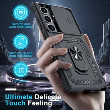 Janmitta Compatible with Samsung Galaxy S25 Ultra Case Built in Slide Camera Lens Cover+Screen Protector+Finger Ring Holder Kickstand,Heavy Duty Shockproof Full Body Phone Cover,2025 Black - Image 6