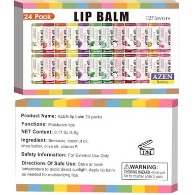 AZEN 24 Pack Lip Balm, Natural Lip Balm Bulk, Lip Care Product, Moisturizing Lip Balms for dry cracked lips - 12 Flavors - Image 9