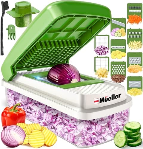 Mueller Vegetable Chopper 9 Blade, Mandoline Slicer, Food Veggie Chopper, Cheese Grater, Onion Vegetable Cutter with Container, Dicer, Kitchen Gadgets & Essentials, White Sand/Green - Image 1