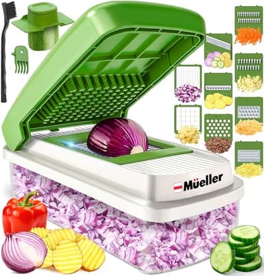 Mueller Vegetable Chopper 9 Blade, Mandoline Slicer, Food Veggie Chopper, Cheese Grater, Onion Vegetable Cutter with Container, Dicer, Kitchen Gadgets & Essentials, White Sand/Green - Image 1