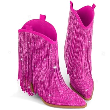 Ouepiano Cowboy Boots for Women - Pink Cowgirl Rhinestone Boots with Sparkly Fringe Pointed Toe Western Boot Chunky Heel Pull-On Wide Calf Botas Vaqueras Size 7.5 - Image 6