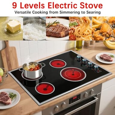 30 Inch Electric Cooktop, 4 Burner Electric Stove Top with Knob Control, 6700W Stove Top Burner with Overheat Protection, Child Lock, Timer, Durable Metal Frame, Bulit-in Glass Top 220-240V Hardwired - Image 4