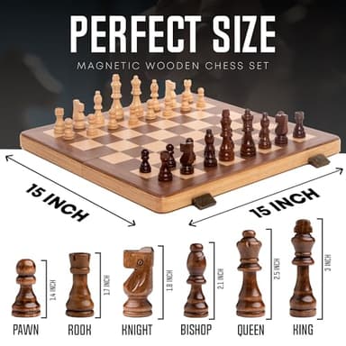 15 Inch Magnetic Wooden Chess Set for Adults & Kids - Folding Travel Chess Board with Handcrafted Staunton Pieces, Extra Queens, and Storage Slots - Image 3