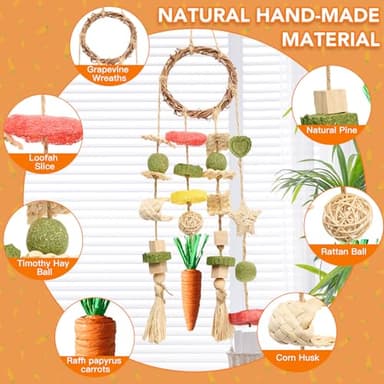 Jorewood Rabbit Chew Toys Bunny Cage Hanging Toy and Treats Rattan Ring with Snacks for Rodent Pets Teeth Healthy - Image 2