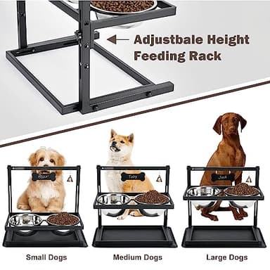 Elevated Slow Feeder Dog Bowls - Raised for Large Dogs, Adjustable Height, 2 Stainless Steel Bowls, Spill Proof Mat, Grey - Image 4