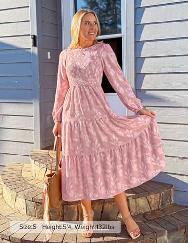 ZESICA Women's Fall Boho Floral Midi Dress 2025 Casual Long Sleeve Crewneck Flowy Wedding Guest Long Dresses,Pink,Medium - Image 5