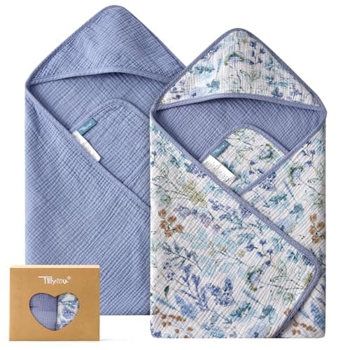 TILLYOU Muslin Hooded Baby Towels for Newborn 2 Pack, 32x32Inch Soft Baby Bath Towel Highly Absorbent for Newborn and Infant, Essential for Newborn Care, Blue Flower - Image 1