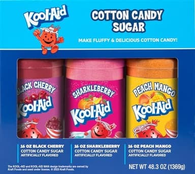 Nostalgia Kool-Aid Cotton Candy Variety Kit – 3 Flossing Sugar Flavors (Black Cherry, Sharkleberry, Peach Mango) – 7-oz Bottles – Compatible with Cotton Candy Makers – Party Supplies - Image 4