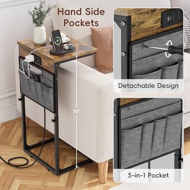 Vagusicc C Shaped End Table with Charging Station, 33" Tall Side Table for Couch, Sofa Table Adjustable Height Small Couch Side C Table, Slide Under Sofa Tray Arm Table for Living Room, Bedroom, Brown - Image 6
