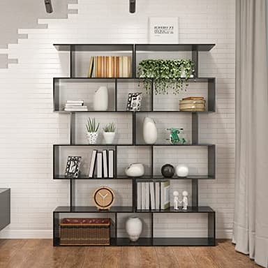 Yusong Bookshelf 6-Tier, Geometric Bookcase S Shaped Book Shelves for Bedroom, Modern Wood Decorative Display Shelf Tall Book Case for Home Office, Black - Image 5