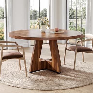 LITTLE TREE Round Dining Table for 4-6 People, 47 Inches Dining Room Table with Wooden Pedestal Base, Brown Dinner Tables, Circle Kitchen Tables for Dining Room, Kitchen, Living Room(Table Only) - Image 7