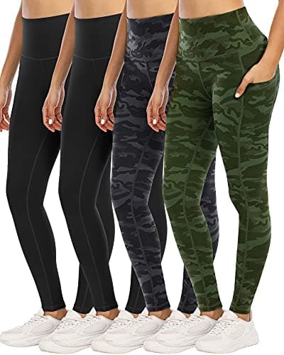 YOUNGCHARM 4 Pack Leggings with Pockets for Women,High Waist Tummy Control Workout Yoga Pants 2BlackCamGrayCamGreen-XXL - Image 1