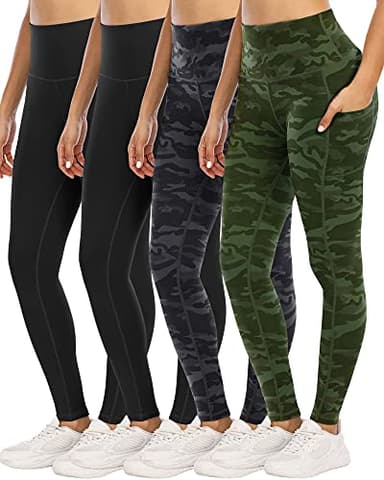 YOUNGCHARM 4 Pack Leggings with Pockets for Women,High Waist Tummy Control Workout Yoga Pants 2BlackCamGrayCamGreen-XXL - Image 1