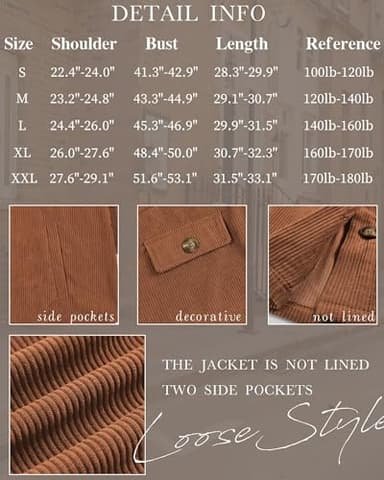 VICHYIE Womens Shirts Shacket Casual Long Sleeve Corduroy Lapel Oversized Button Down Blouses Tops Coat Coffee M - Image 4