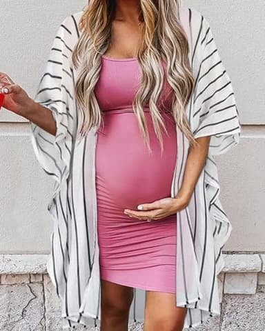 Swim Cover Up for Women Stripe Pattern Bikini Kimono Bathing Cardigan Beach Wrap Dress(07-Black and White Stripe,XL) - Image 4