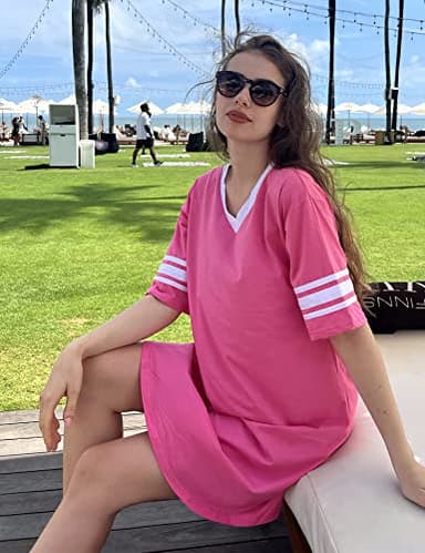 Ekouaer Womens Nightgown Cotton Sleepwear Short Sleeve Sleep Shirt V Neck Color Block Nightshirt M Hot Pink - Image 3