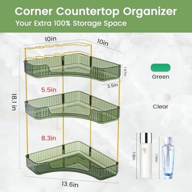 NATURE'S SOURCE Makeup Organizer for Vanity, 3-Tier Corner Bathroom Organizer Countertop with Makeup Brush Holder, Corner Counter Storage for Bathroom Dresser- Green - Image 3