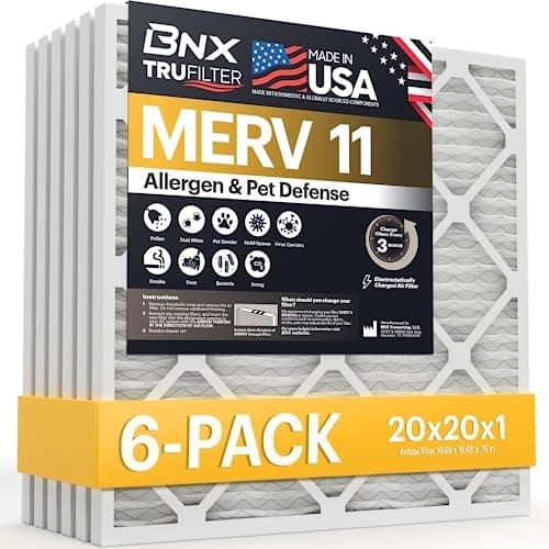 BNX TruFilter 20x20x1 Air Filter MERV 11 (6-Pack) - MADE IN USA - Allergen Defense Electrostatic Pleated Air Conditioner HVAC AC Furnace Filters for Allergies, Dust, Pet, Smoke, Allergy MPR 1200 FPR 7 - Image 1