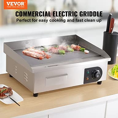 VEVOR Commercial Electric Griddle, 22", 1600W Countertop Flat Top Griddle, Stainless Steel Teppanyaki Grill w/Iron Cooking Plate, 122-572℉ Adjustable Temp Control 2 Shovels & Brushes, 110V - Image 2