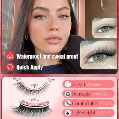 Self Adhesive Eyelashes Natural Look Press On Lashes No Glue Needed Wispy Reusable Self Adhesive Lashes without Eyeliner Clear Band Pre Glued Lashes Cat Eye Lashes Faux Mink Lashes 5 Pairs - Image 5