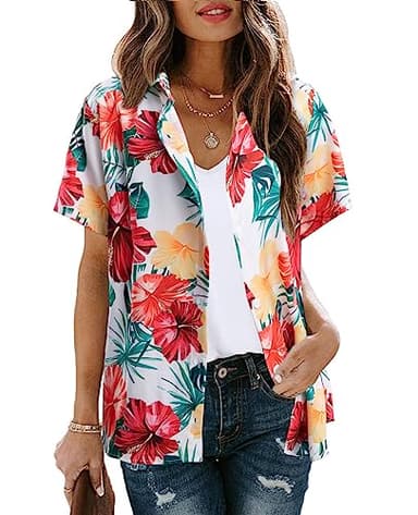 MYHALF Women Hawaiian Shirt Soft Cool Summer Hawaii Shirts Floral Tropic Print V Neck T-Shirt Short Sleeve Button Up Tops - Image 2