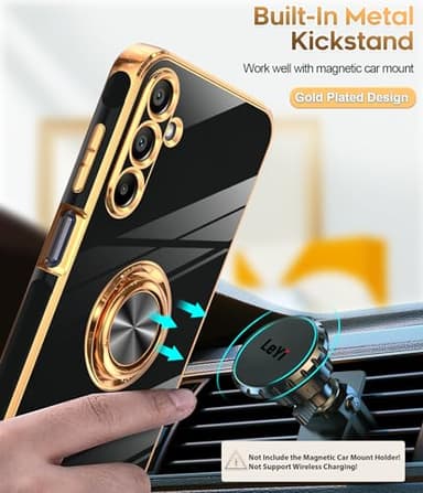 LeYi for Samsung A15-5G Case: with [2 Pack] Tempered Glass Screen Protector 360° Rotatable Ring Holder Magnetic Kickstand, Plating Rose Gold Edge for Galaxy A 15 5G Case, Black - Image 5
