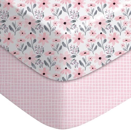 Yoofoss Pack and Play Sheets Girl 2 Pack, 38x26 Mini Crib Sheets Fitted for Baby Compatible with Graco Pack n Play Mattress,Ultra Soft Breathable Microfiber Pink Floral - Image 1