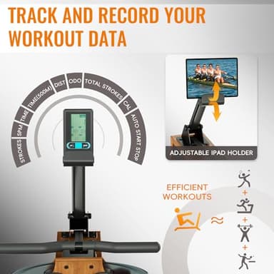 WENOKER Water Rowing Machine for Home Use, Wooden Foldable Rower Machine with Adjustable Monitor & Bluetooth APP, Large Water Tank & Comfortable Seat for Immersive Water Rower, 350LBS Weight Capacity - Image 3