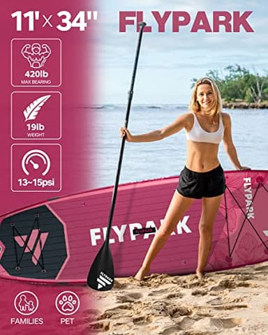 Flypark 11'x34 Inflatable Paddle Boards, Extra Wide SUP for 420lbs/3Adults, Yoga Stand Up Paddle Board, 110L Backpack, 15 D-Rings, Shoulder Strap, US-Fin, 2-Action Pump - Image 3