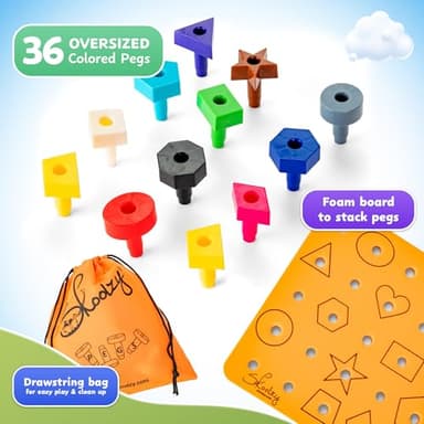 Skoolzy Peg Board Set - Montessori Toys for 2 Year Old - 38 Pc Plastic Peg Board for Kids with Shapes - Occupational Therapy Toys with Pegs, Dice, Lacing String & Storage Bag - Image 4